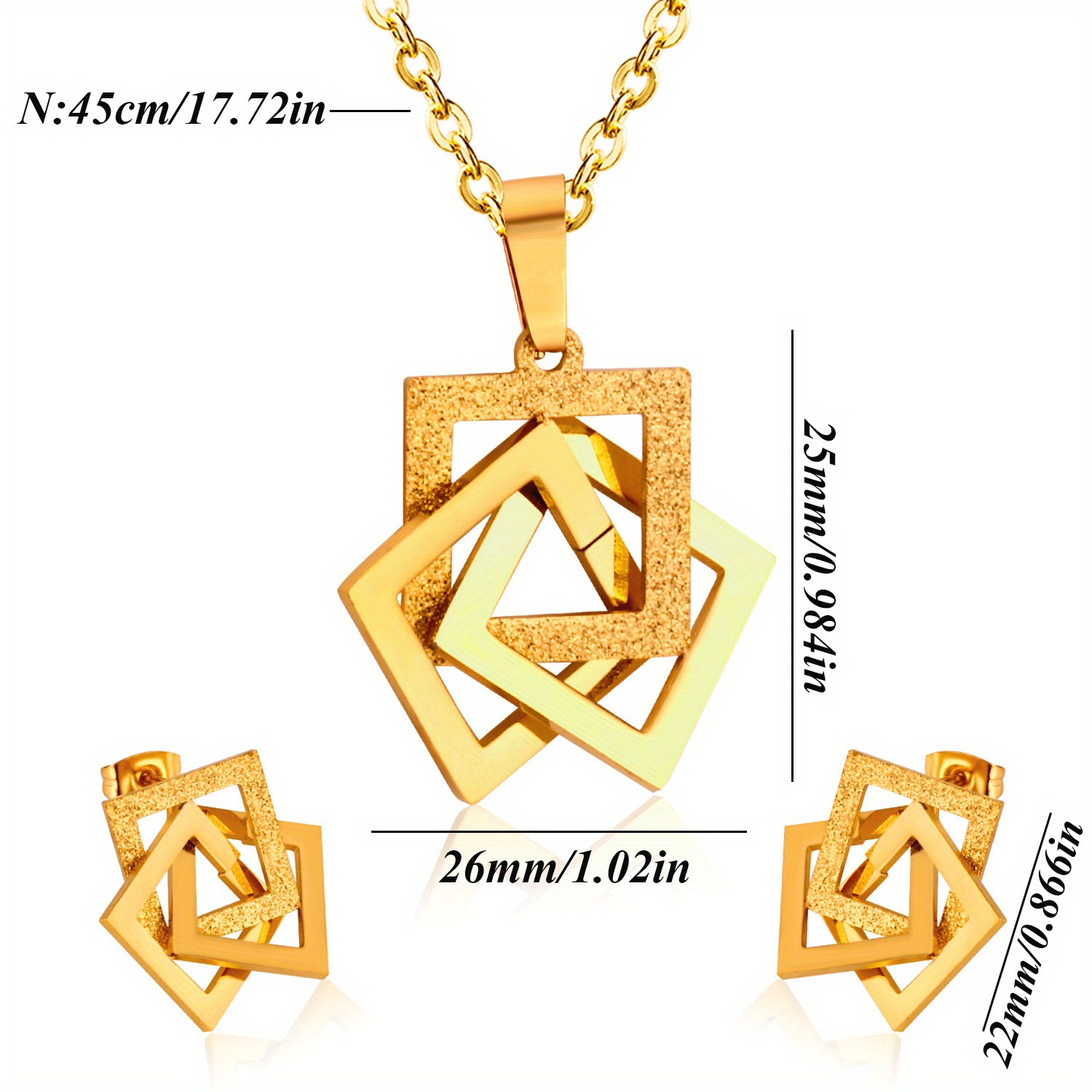 3pcs Set Square Necklaces and Stainless Steel Earrings for Everyday Wear